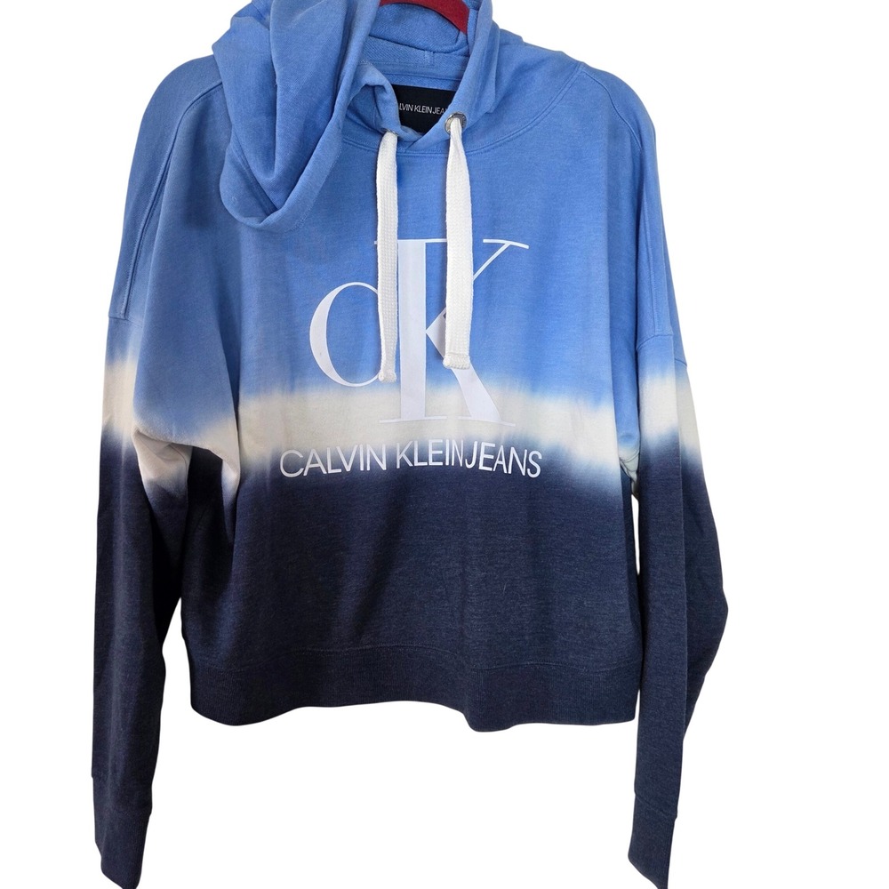Calvin Klein Jeans Women's M Blue Ombre Dip Dye CK Logo Cropped Hoodie